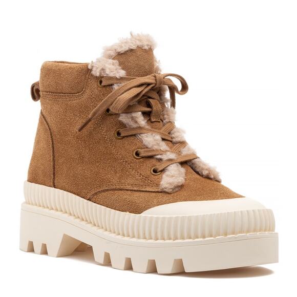 Silent D | Womens Peato Boot Dark Tan Beige Suede Faux Fur Lined Lace-Up Booties - Picture 1 of 10